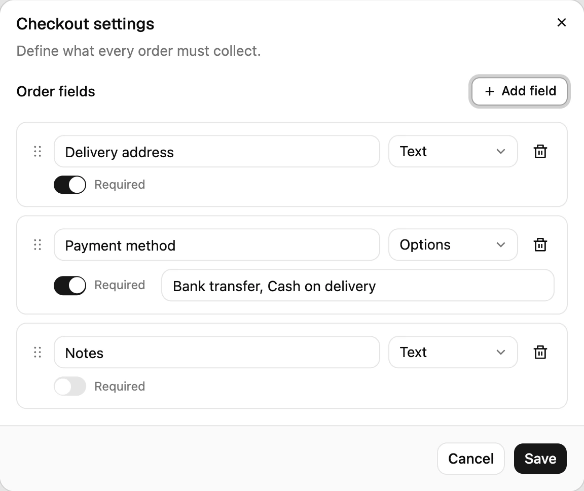 The checkout settings dialog: the module switch and the order fields the agent collects