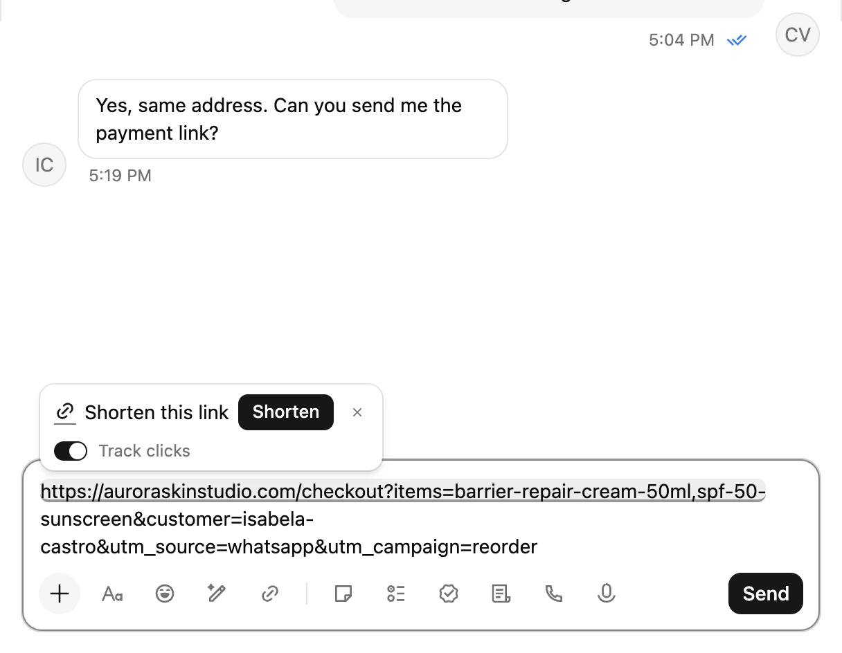 The Shorten pill above a long URL in the inbox composer, with Track clicks