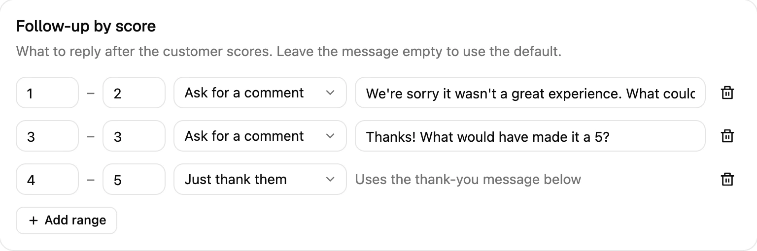 Follow-up by score: ask for a comment on 1–2 and 3, just thank them on 4–5, and the thank-you message below