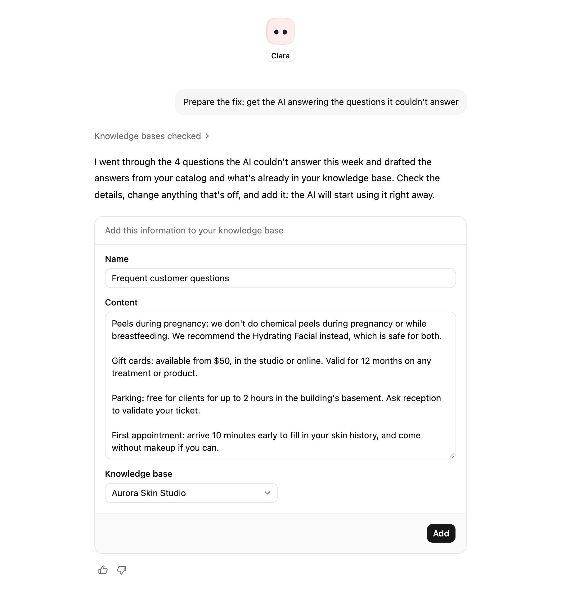 A knowledge update Ciara drafted from a Fix it for me, ready to review and add