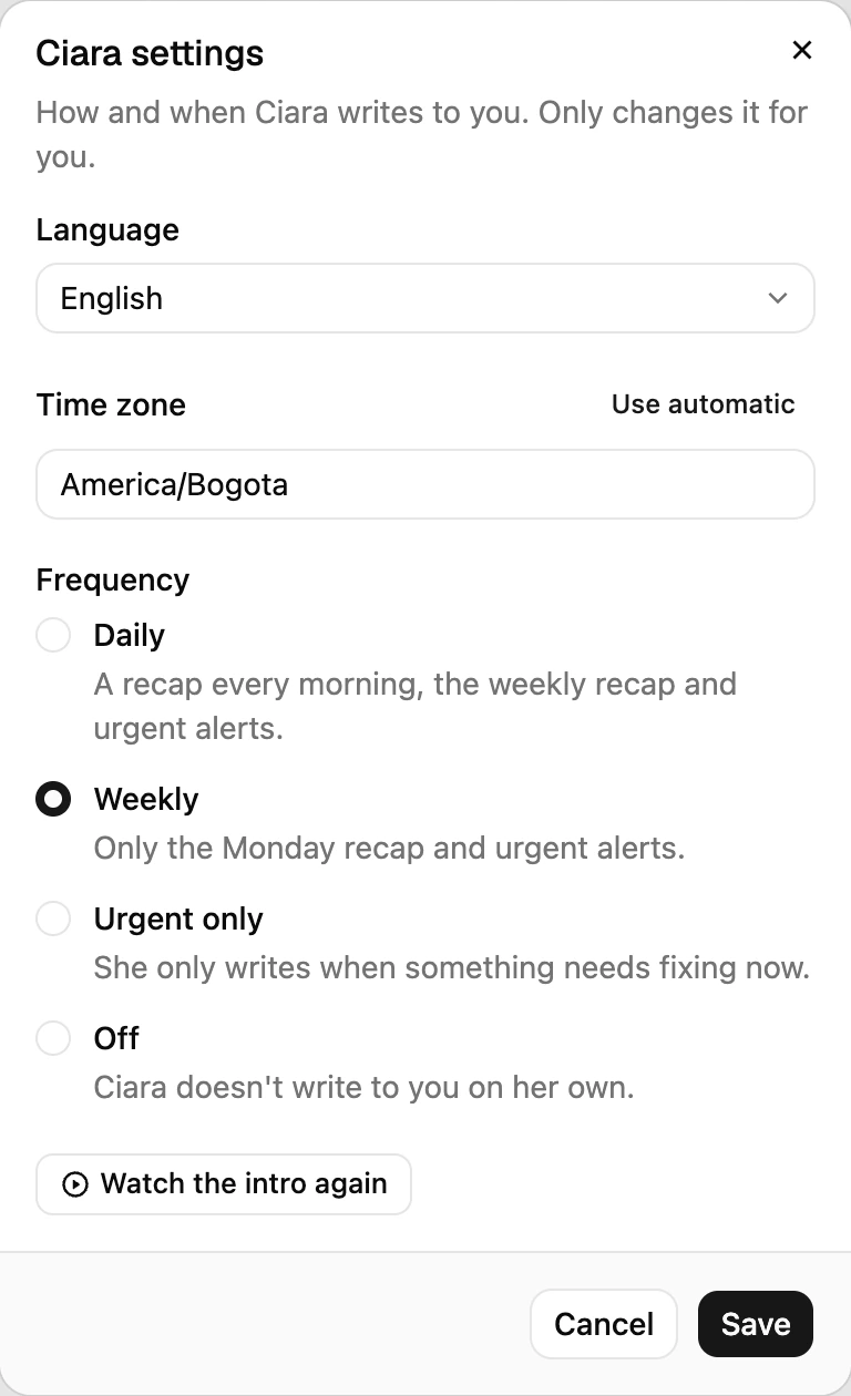 Ciara's settings: language, time zone and frequency