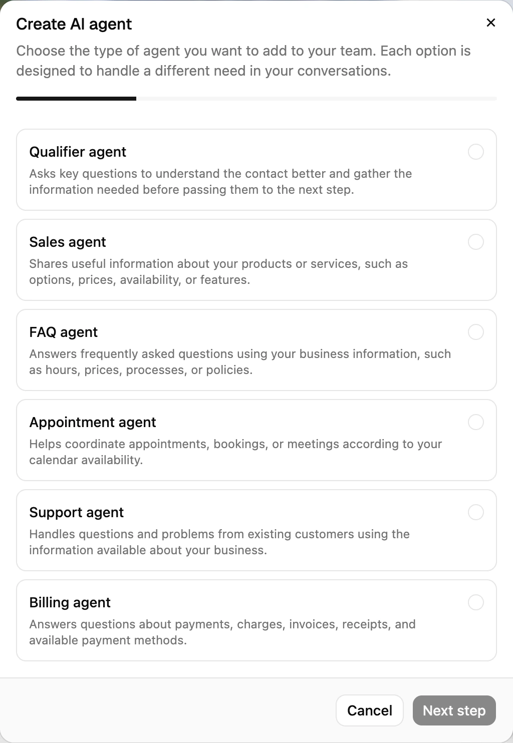 The Create agent dialog with the six agent types to choose from