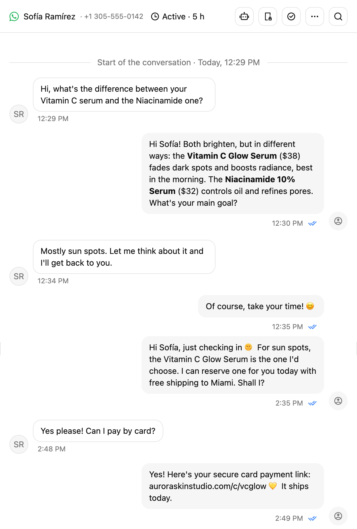 An inbox conversation where the AI agent follows up two hours after the customer went quiet, and the customer replies