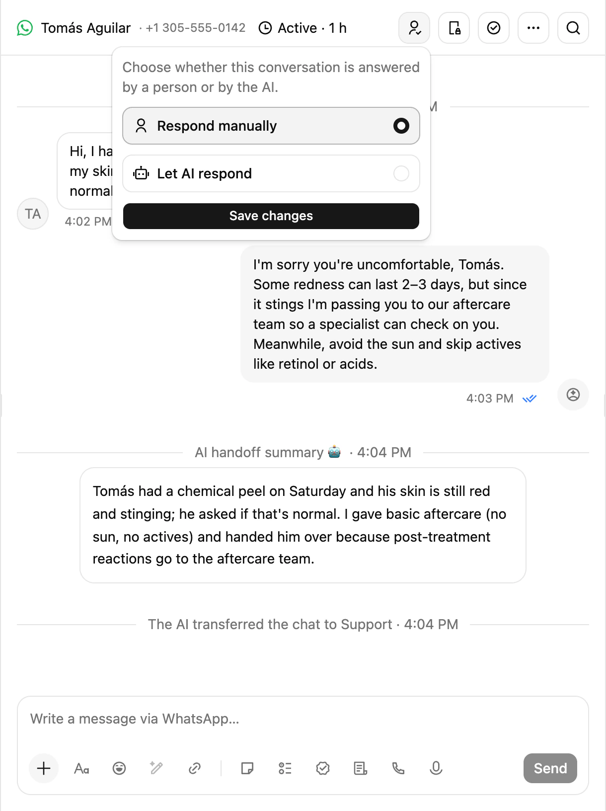 A transferred conversation in the Inbox with the AI handoff summary card and the Let AI respond button