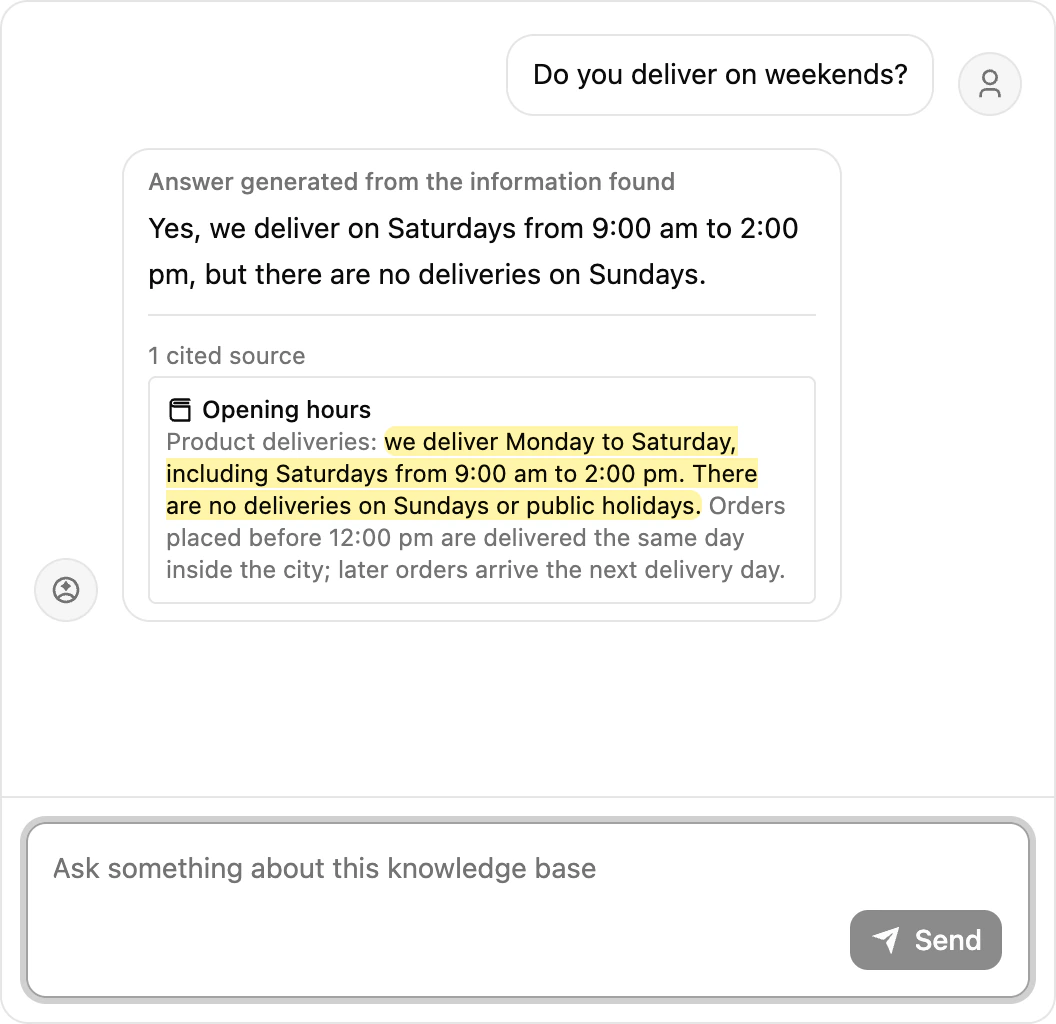 The knowledge base test chat answering a customer question, with the cited sources listed below the answer