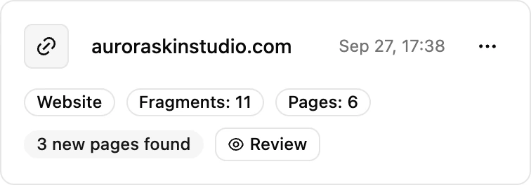 A website source card after the weekly check, showing new pages found and a Review button