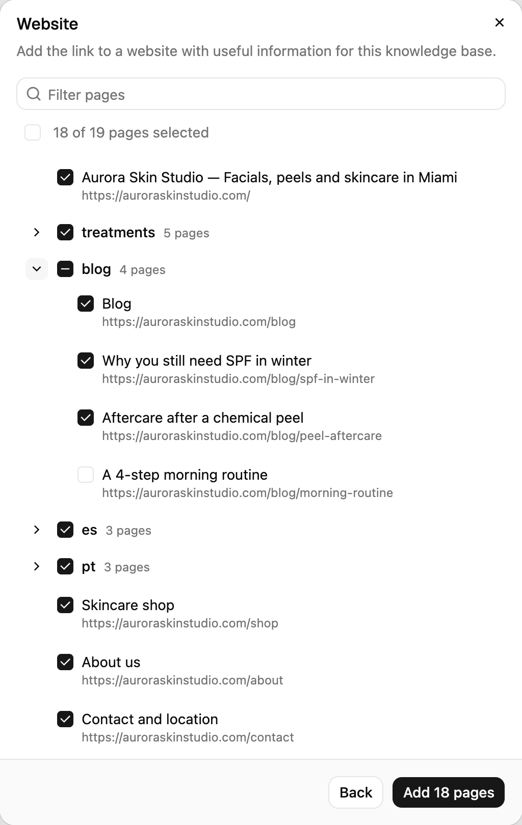 The pages Ciarem found on a website, grouped like folders, with checkboxes to choose which to index