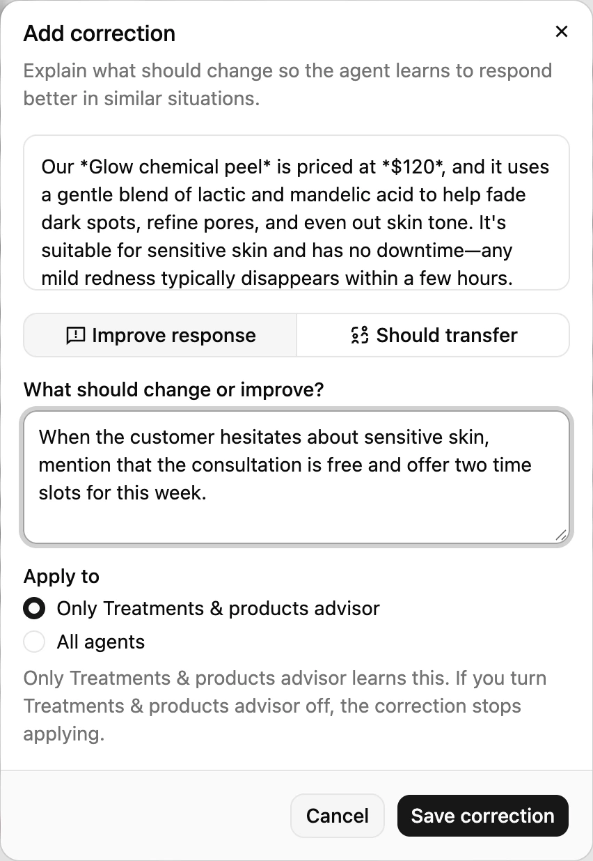 The correction dialog with Improve response and Should transfer, and the Apply to choice between one agent and all agents
