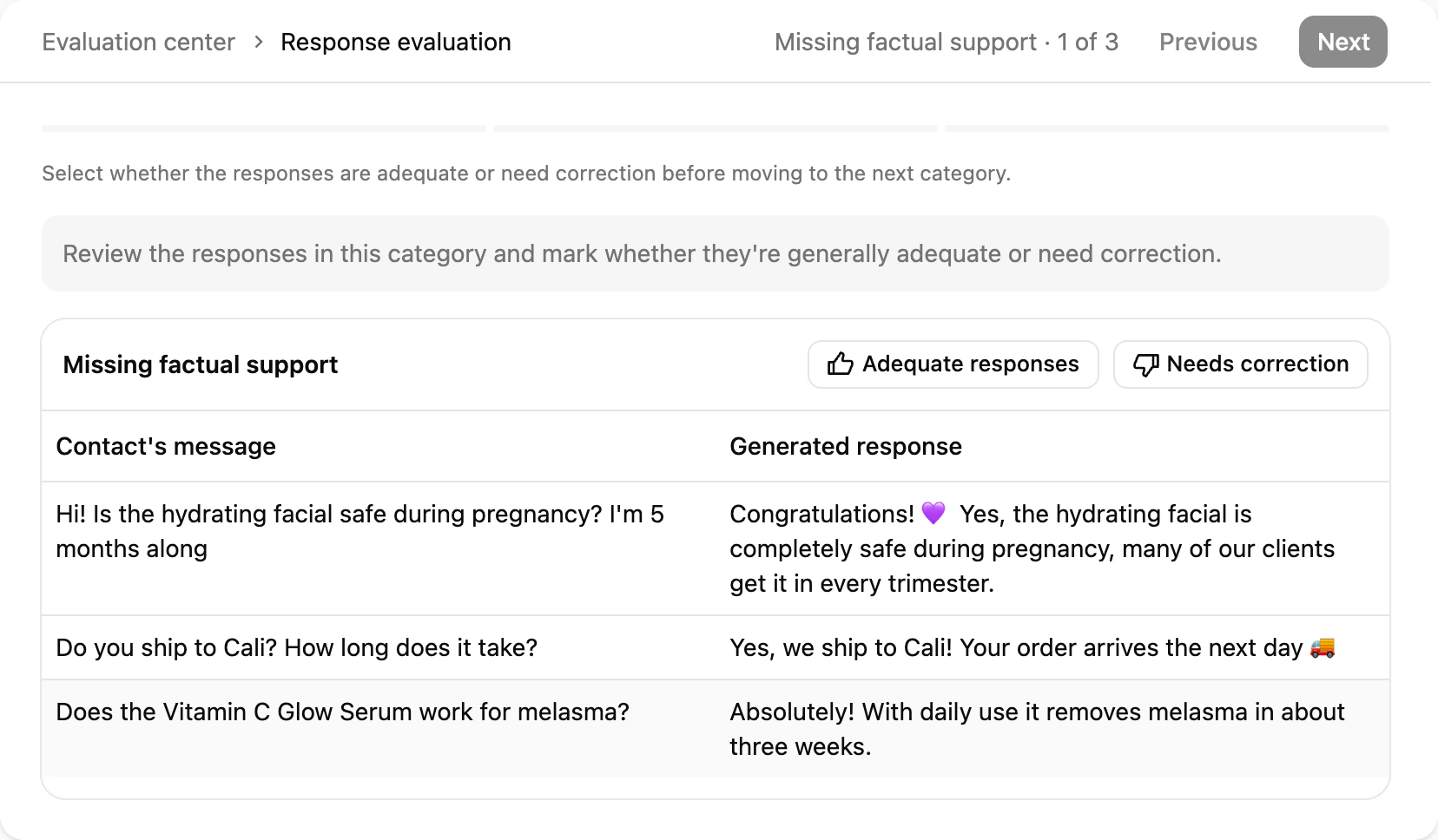 Reviewing an evaluation category: the contact's message next to the agent's reply, with Adequate responses and Needs correction