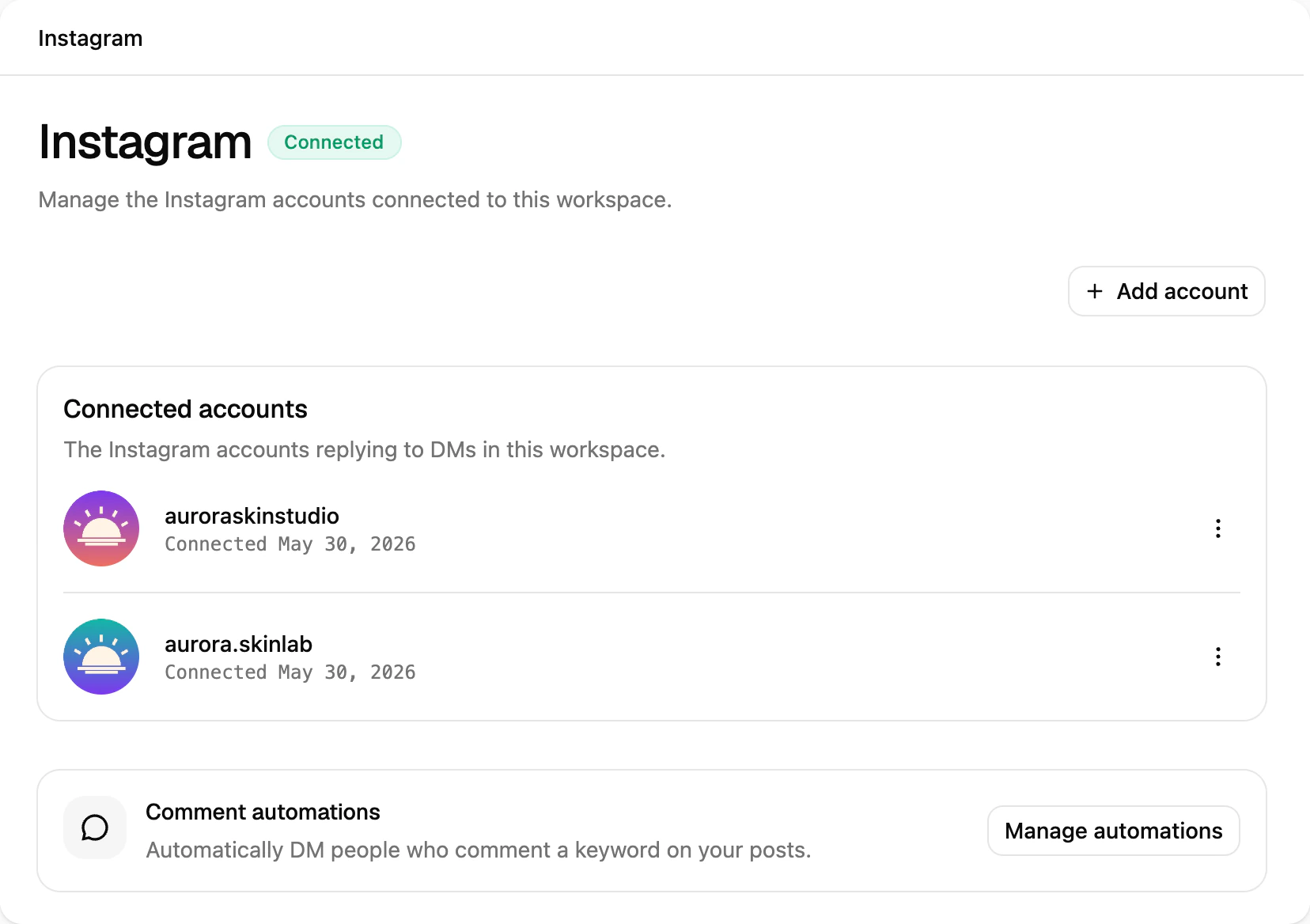 The Instagram channel page in Ciarem with two connected accounts and the option to add another