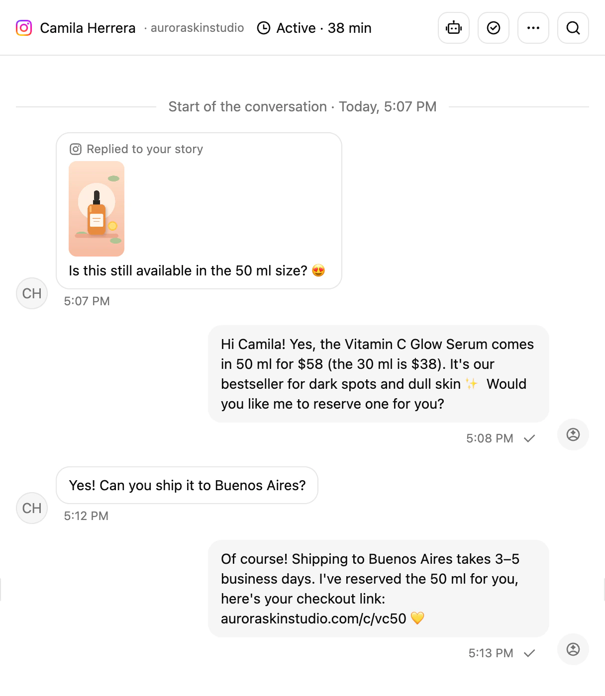 An Instagram conversation in the Ciarem Inbox where the customer replied to a story and the AI agent answered about it