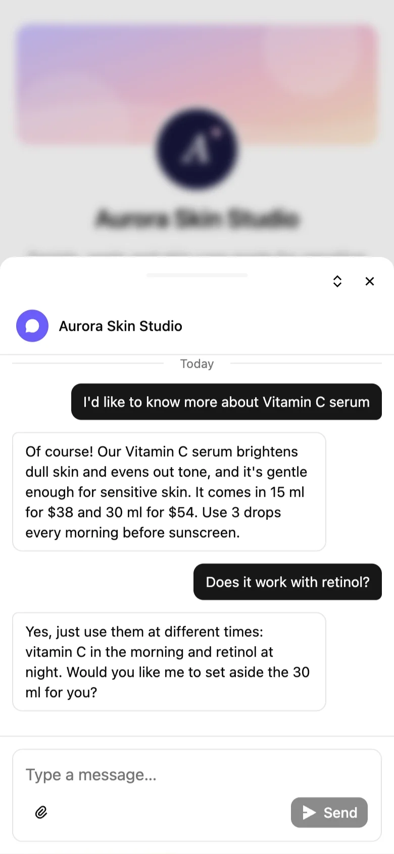 The CLink chat open on a phone, with the AI agent answering a visitor's questions about a vitamin C serum