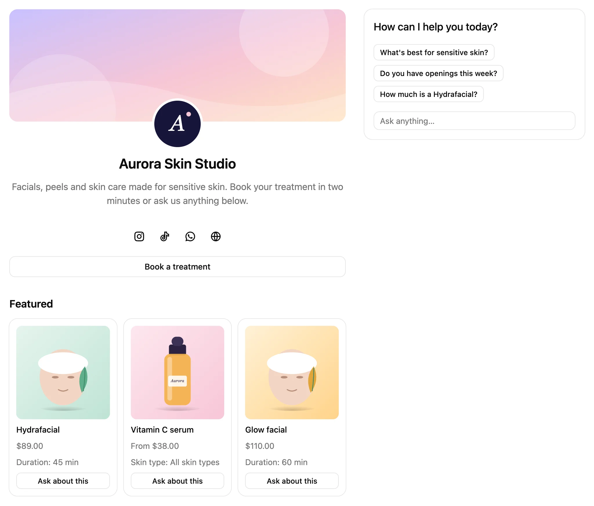 A CLink page for a skin care studio: cover, logo, description, social links, a booking button, featured products with prices, and the AI chat with suggested questions