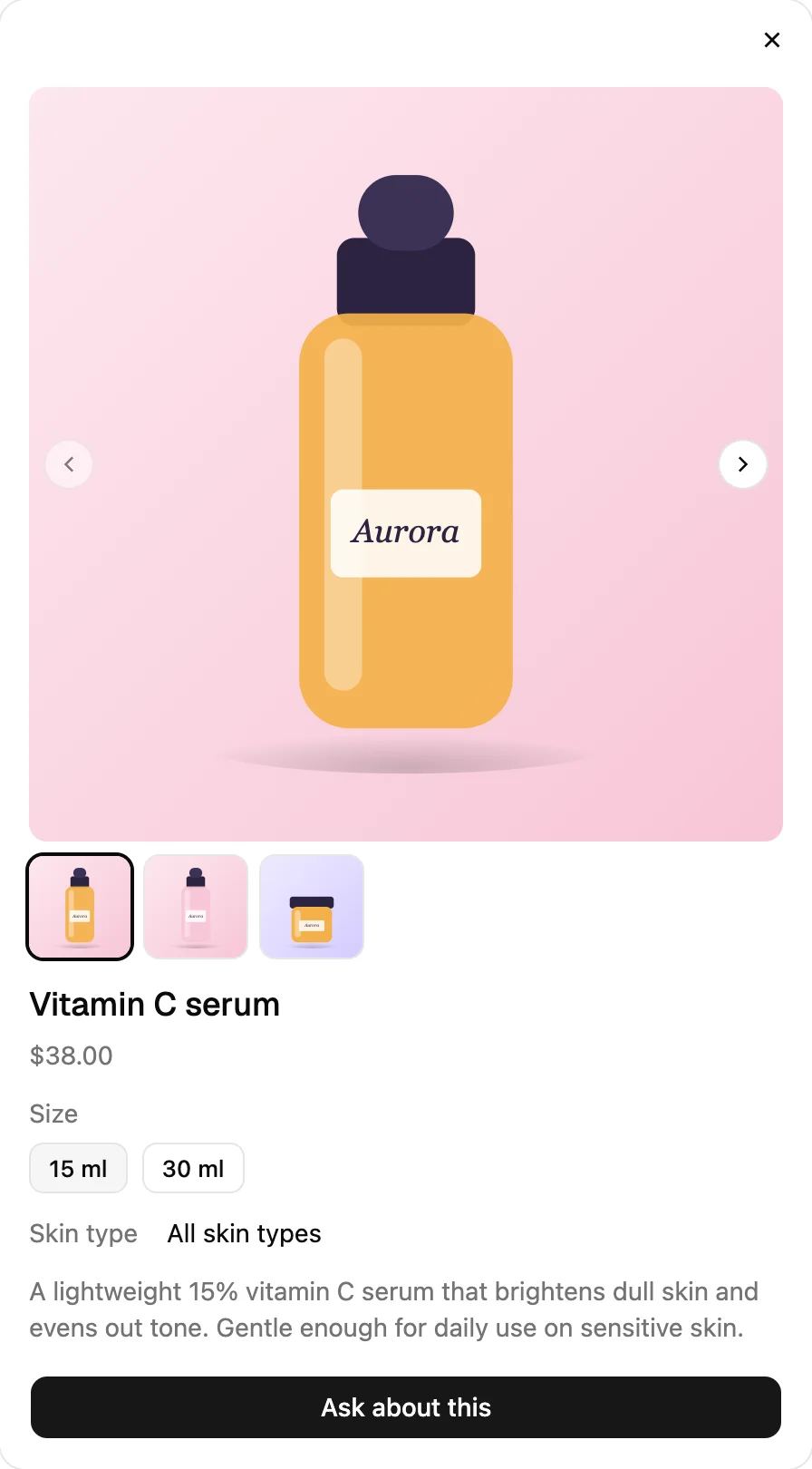 A product opened on a CLink page: photo gallery, price, size options, skin type, description and an Ask about this button