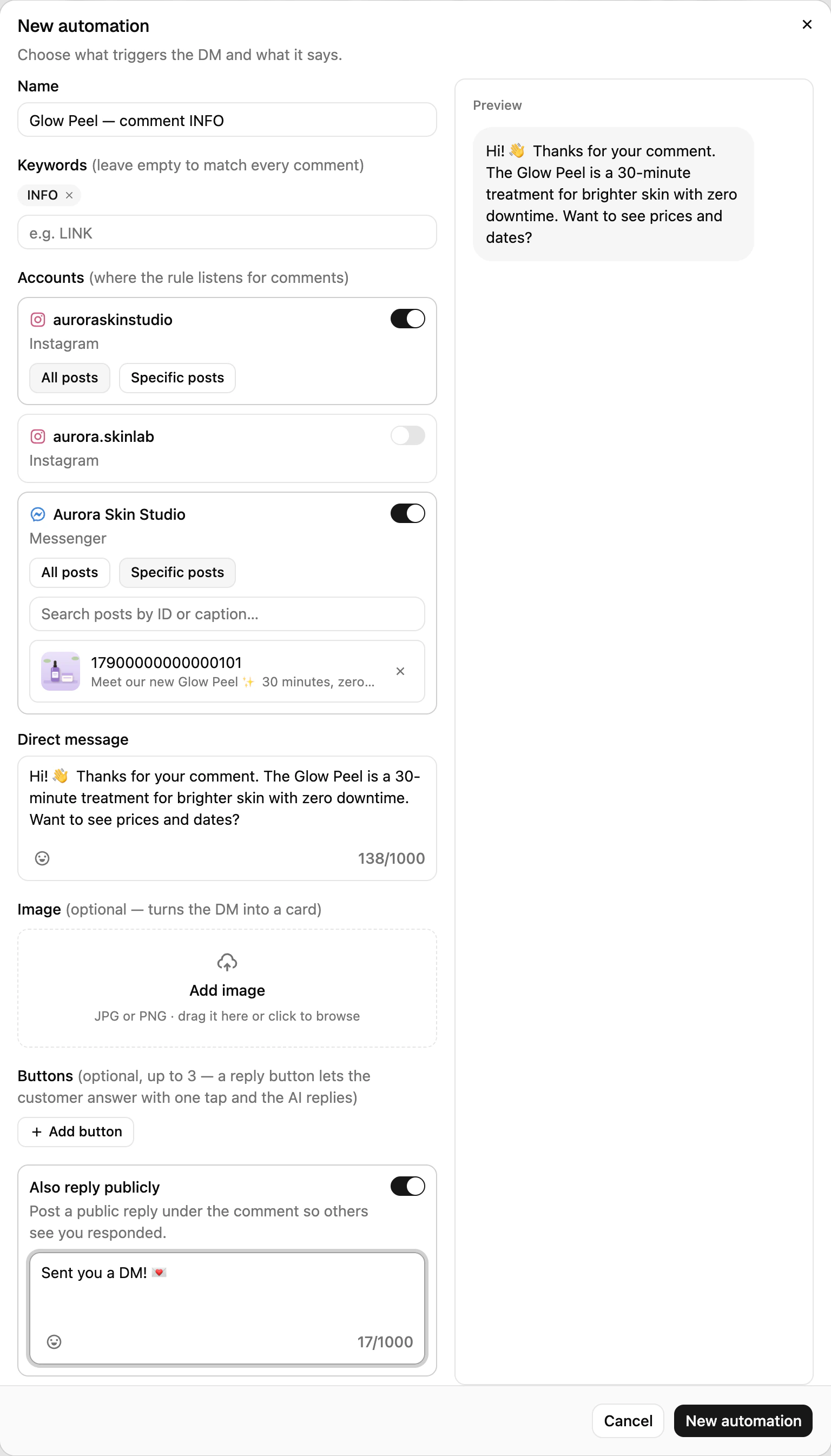 The New automation dialog in Ciarem with a keyword, an Instagram account and a Facebook Page selected, and the direct message filled in