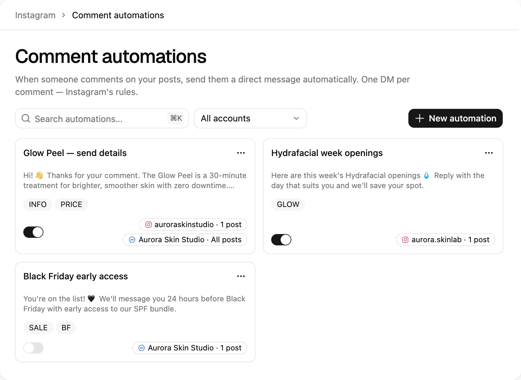 The Comment automations list in Ciarem: rules with their keywords, DM preview, on/off switch and post scope