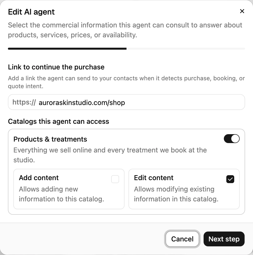 Catalogs this agent can access in an agent's configuration, with the catalog switch and the Add content and Edit content options