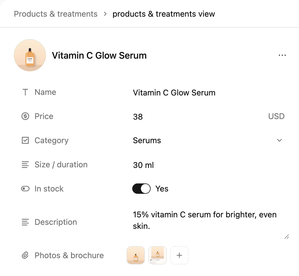 Creating a catalog record with a product photo and a PDF brochure attached to a Multiple files property