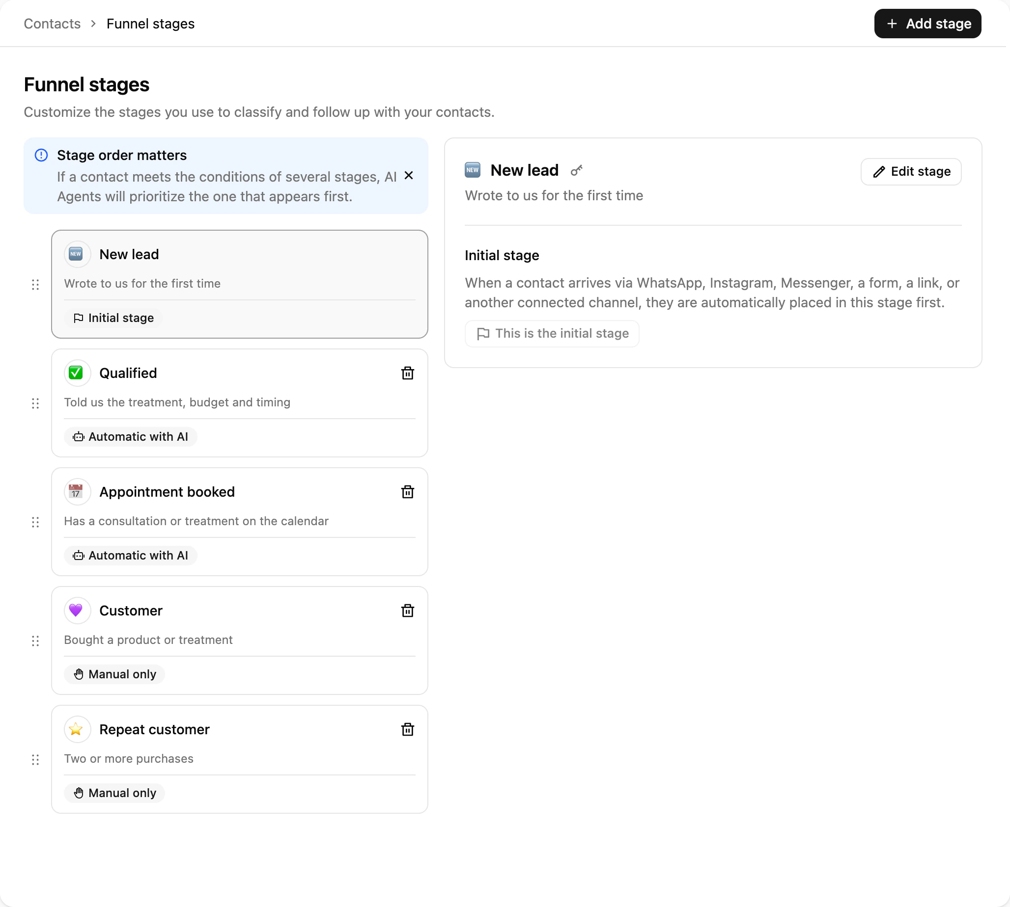 The Funnel stages editor: reorderable stages with emoji, contact counts and the initial-stage and automation badges
