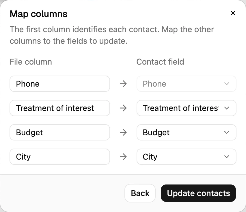 The Bulk update contacts dialog with Identify contacts by set to Phone and a default country code