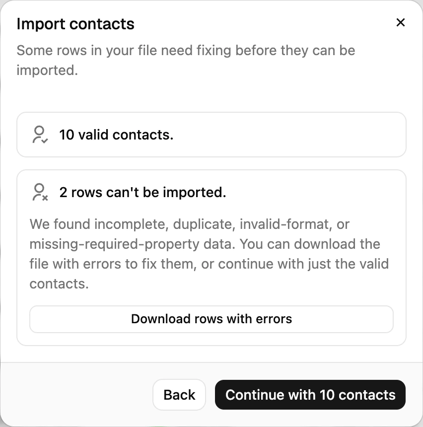 The import review step: how many contacts are valid, how many rows can't be imported, and Download rows with errors