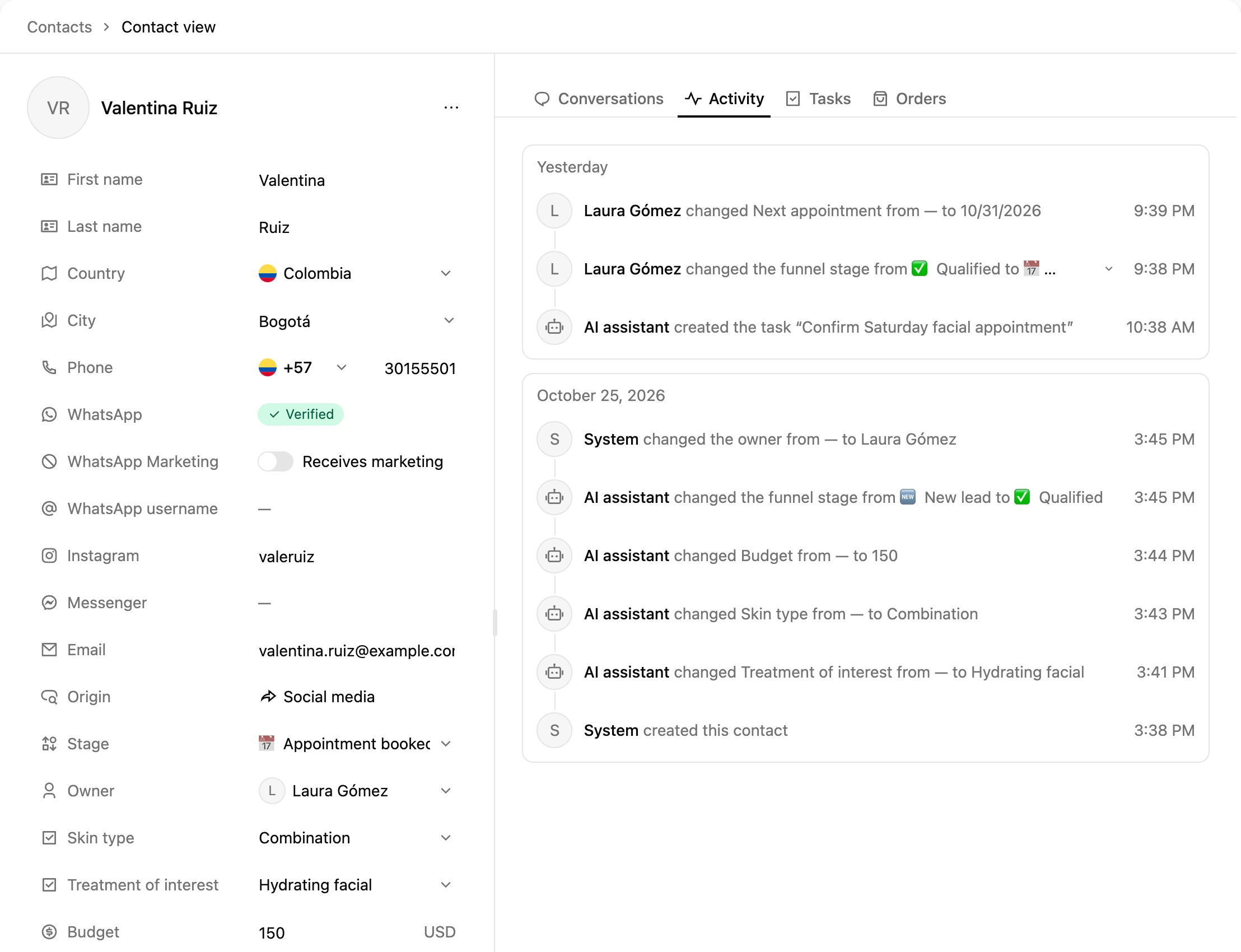 A contact's record with channel identities, origin, stage, owner, custom properties and the Activity tab