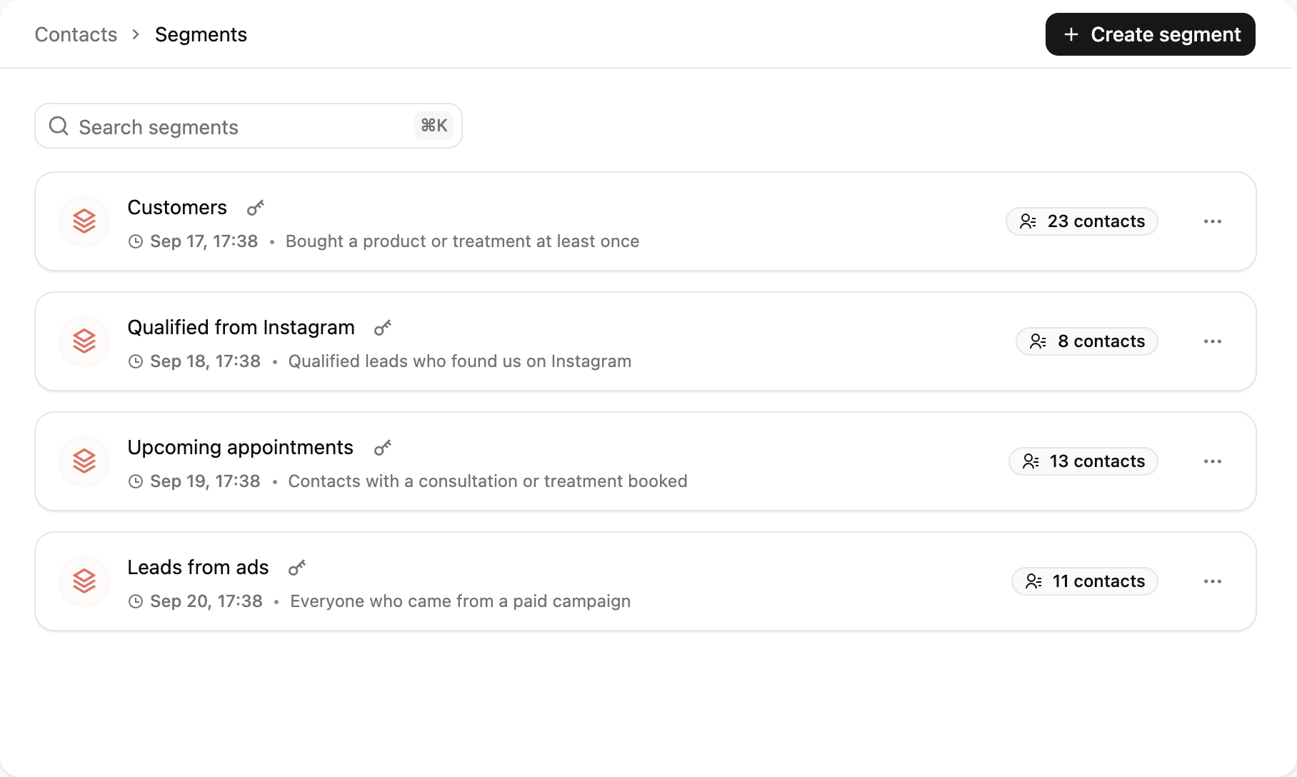 The Segments page: each saved segment as a card with its description and live contact count