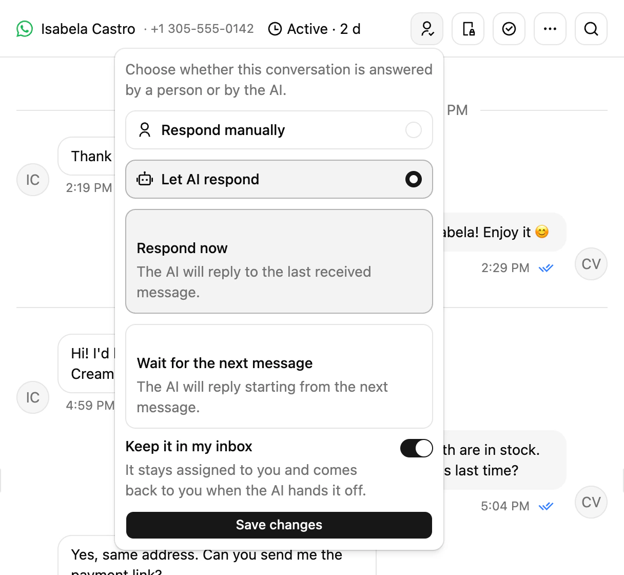 The Conversation handler menu in the Ciarem Inbox with Let AI respond selected and the Keep it in my inbox switch on