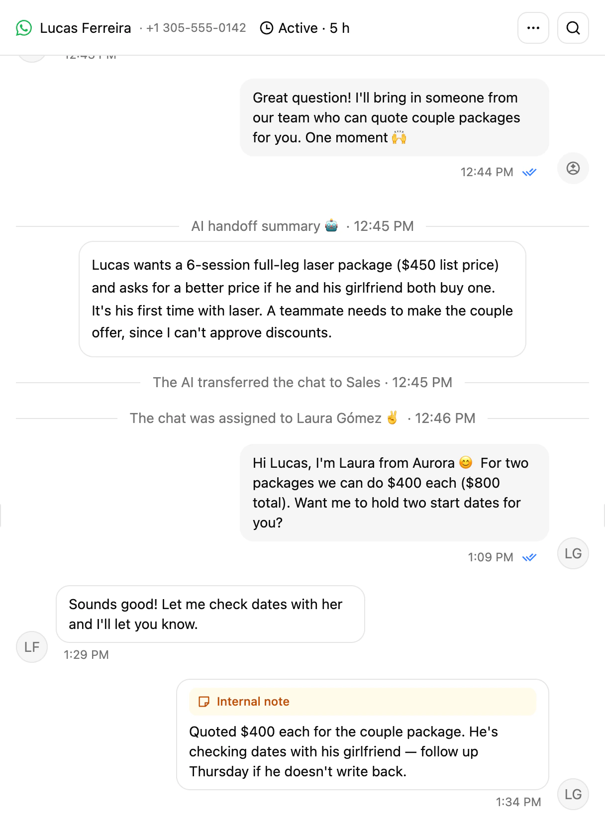 A conversation in the Ciarem Inbox showing the AI handoff summary card and an internal note from a teammate