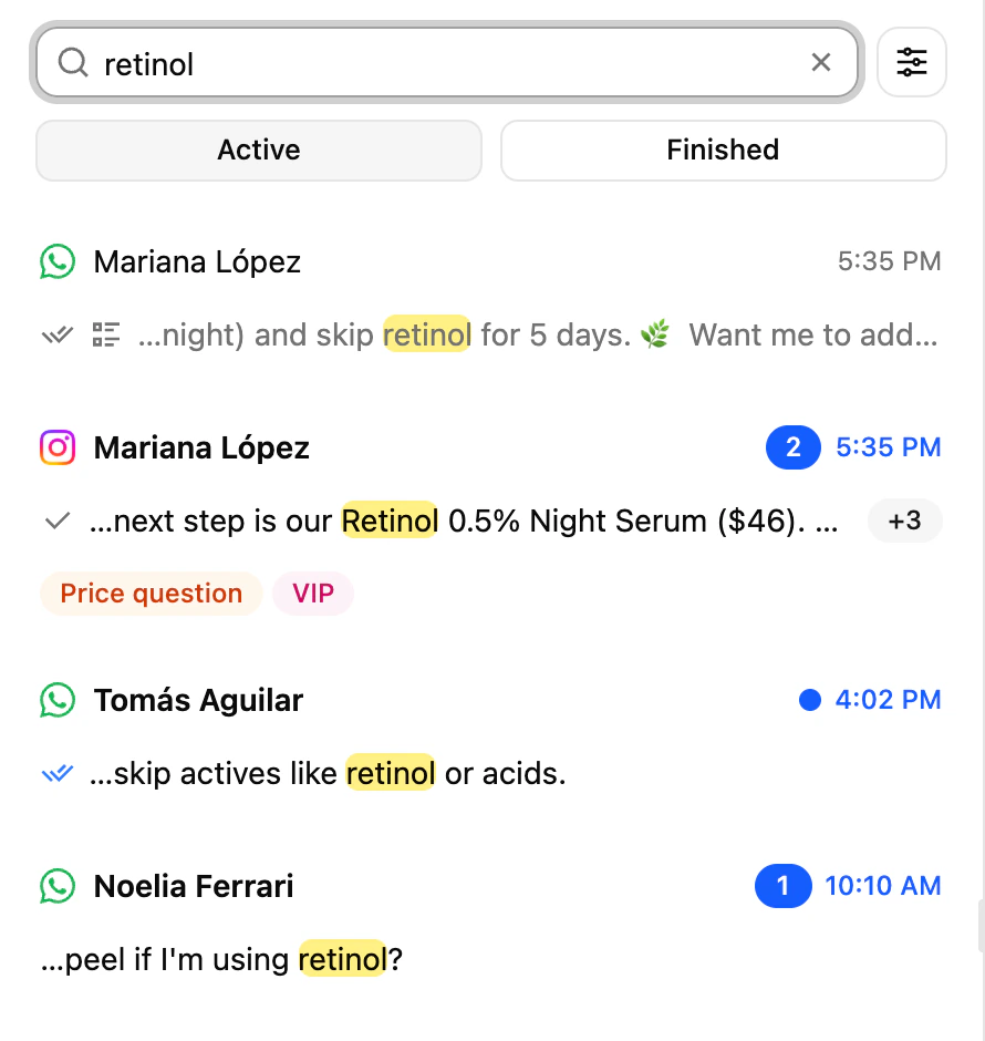 The Ciarem Inbox search: a result with the matching message highlighted and a badge showing more matches in the same conversation