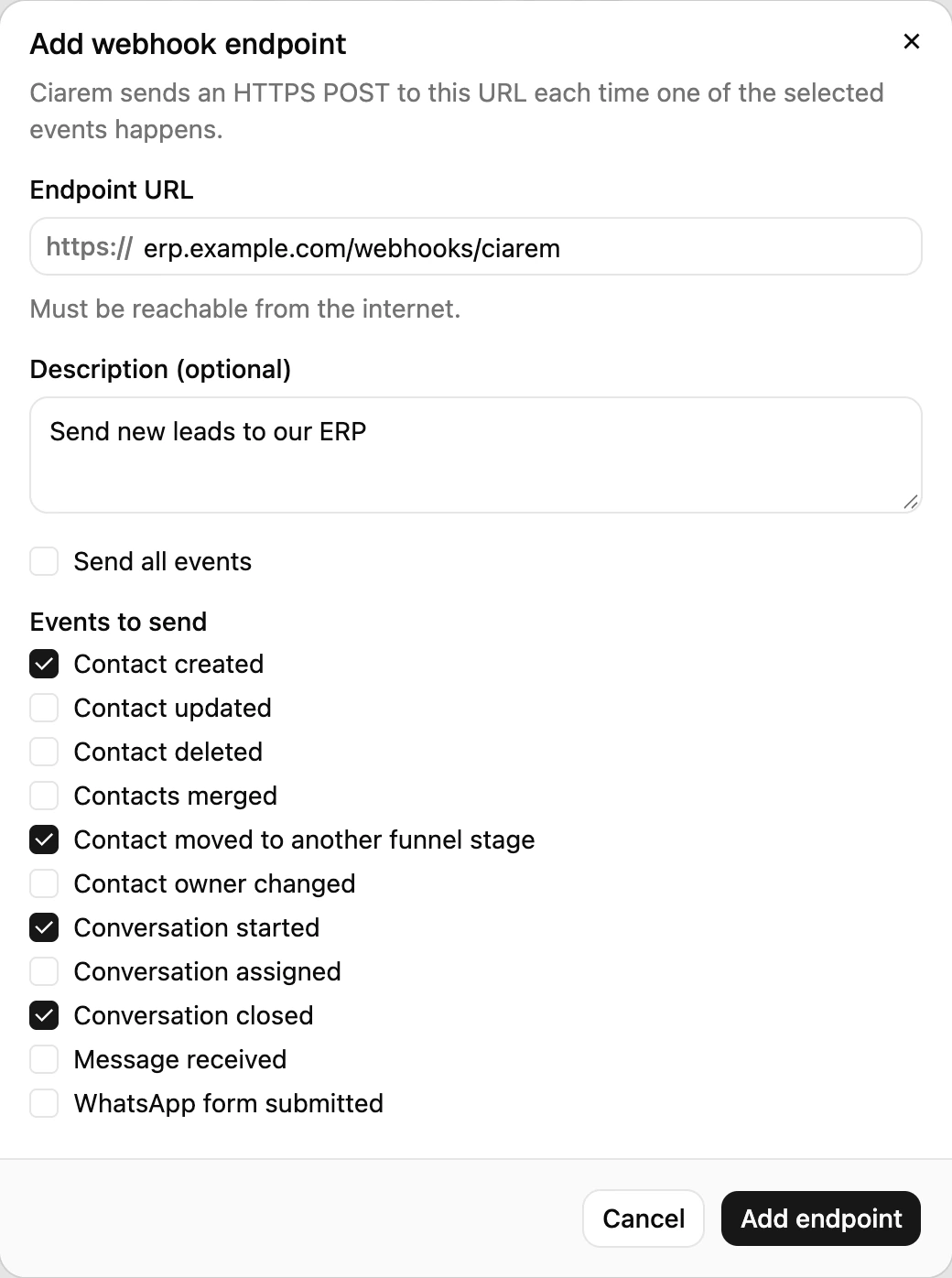 The Add endpoint form with an Endpoint URL and the list of events to send