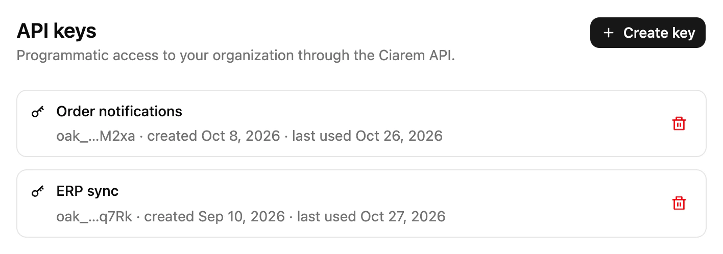 The API keys page in Ciarem settings with keys for two integrations and their last used dates