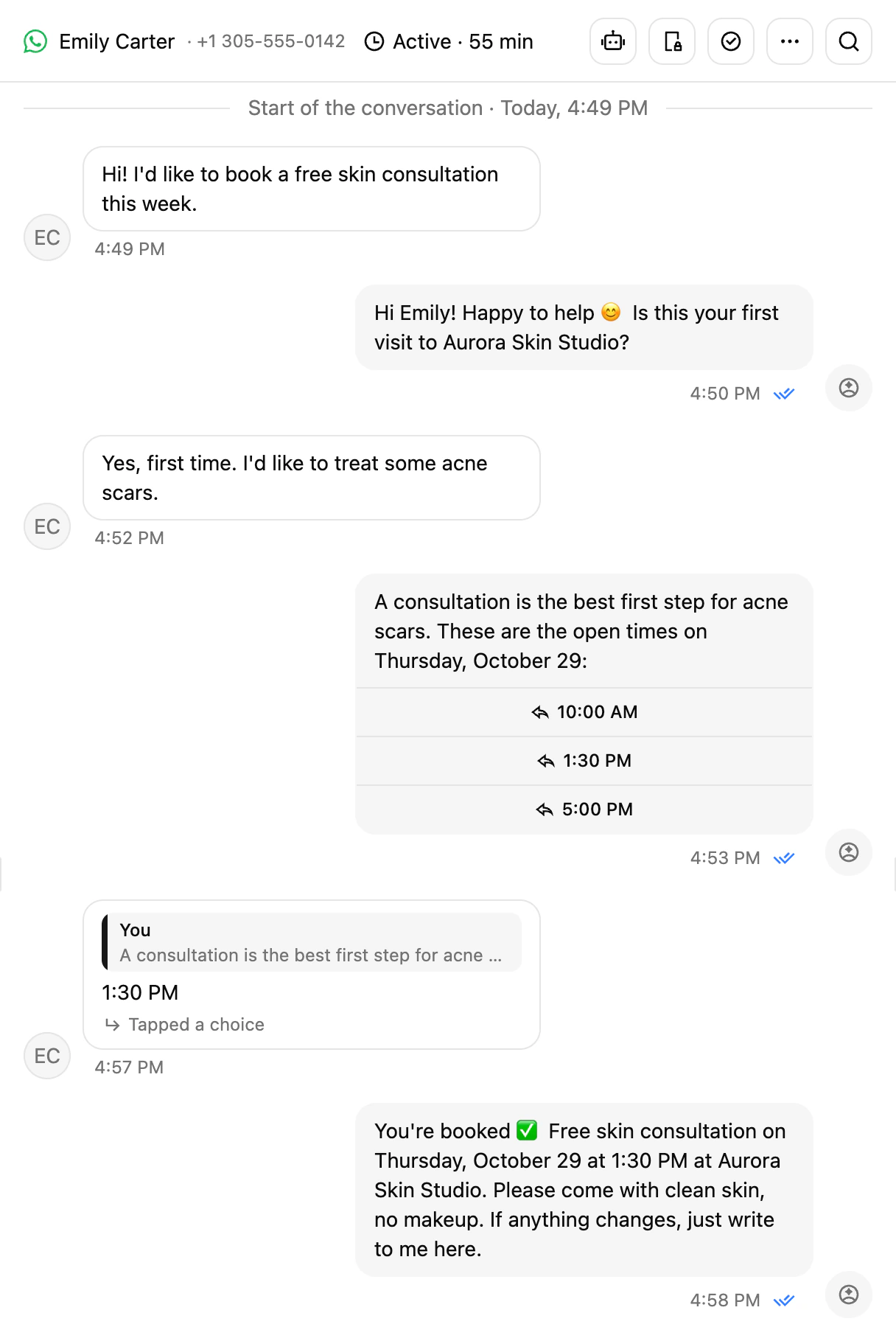A WhatsApp conversation where the AI agent offers open times as buttons and confirms the booked appointment