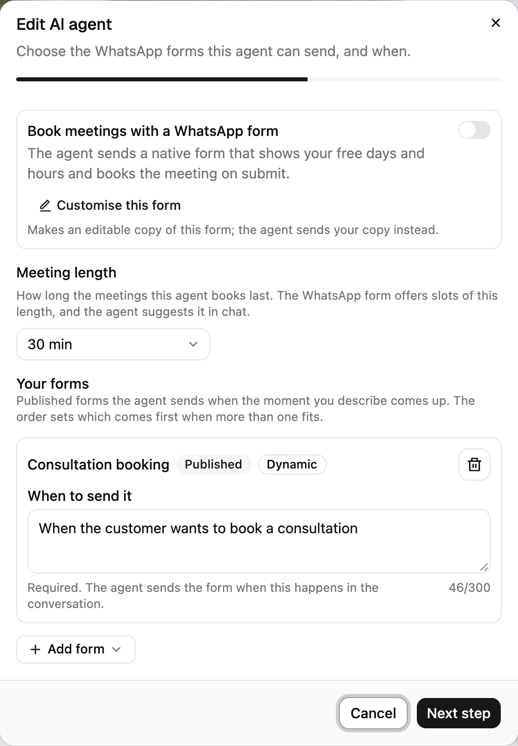The Appointment agent settings in the agent team, with the Meeting length options