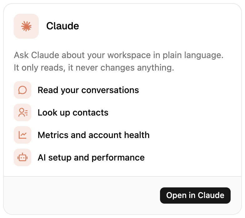 The Claude card in Ciarem's integrations, listing what the Ciarem AI connector can read and an Open in Claude button