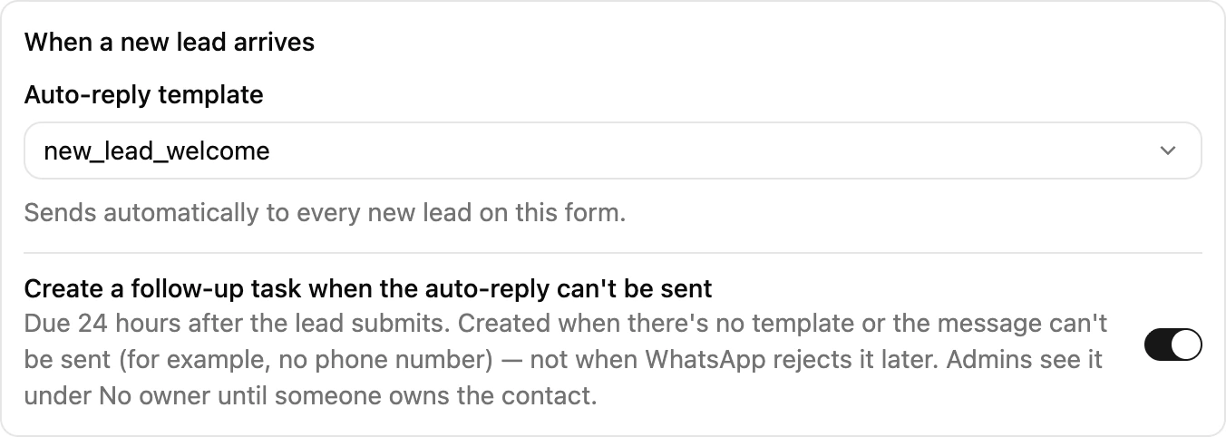 The When a new lead arrives settings of a form, with an Auto-reply template selected and the follow-up task option on
