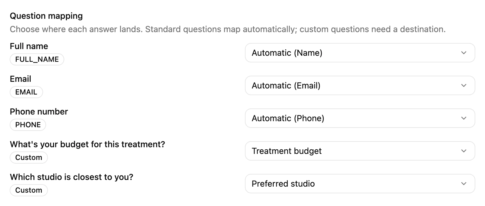 The Question mapping of an Instant Form, with each question sent to a contact field or custom property
