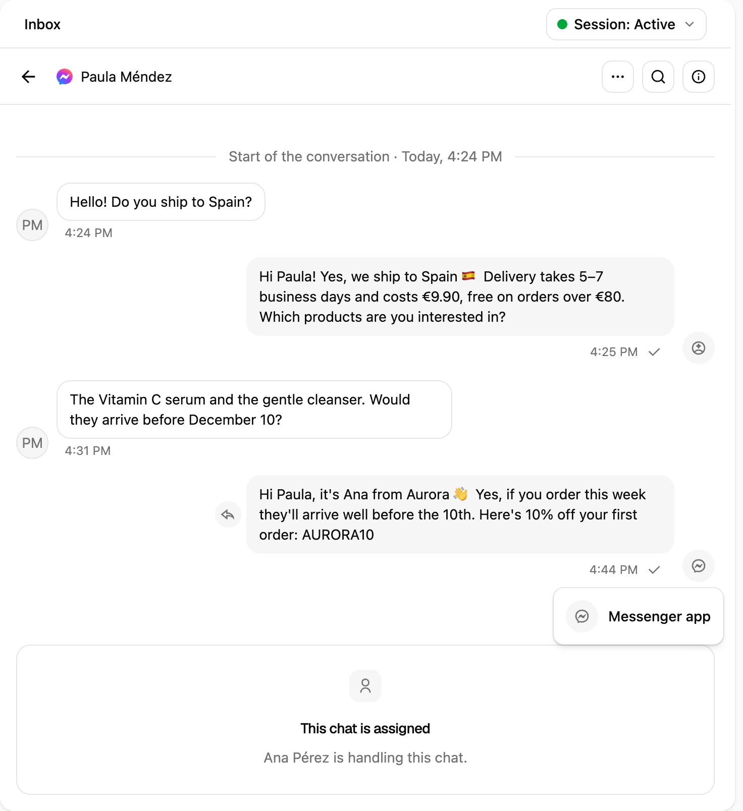 A Messenger thread in Ciarem showing an outgoing reply labeled Messenger app and the conversation handed to the team