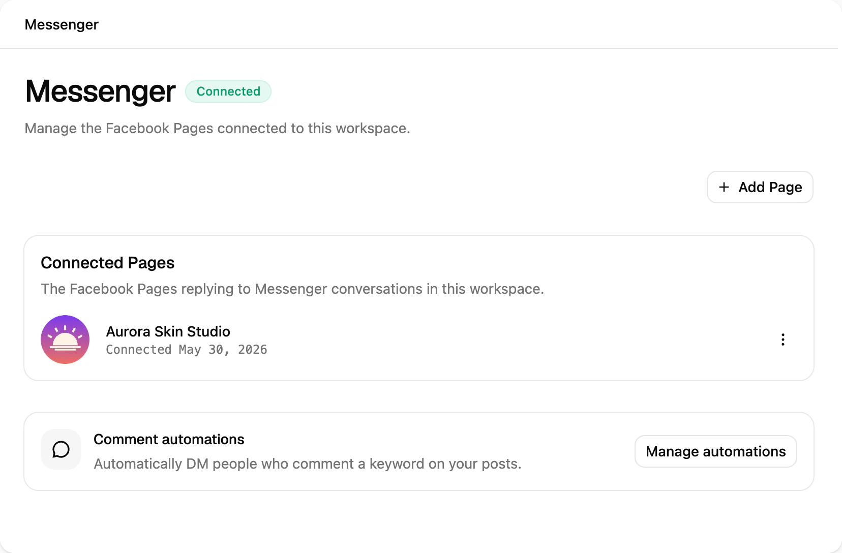 The Messenger channel page in Ciarem with a connected Facebook Page and the comment automations card