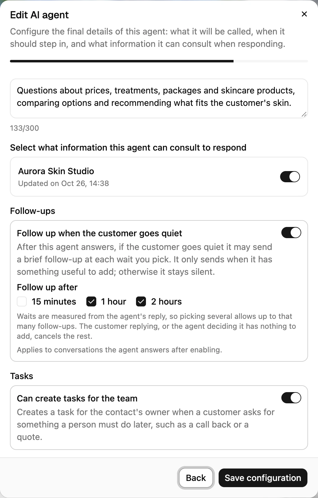 An AI agent's configuration in Ciarem with the Can create tasks for the team option turned on
