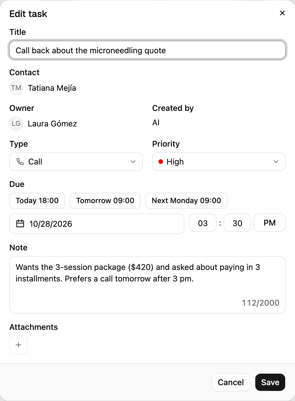 A task opened in Ciarem showing its type, priority, due date, note, Owner and Created by