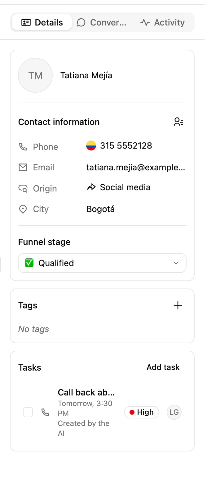 The tasks card in the conversation details panel of the Ciarem Inbox, with an open task for the contact