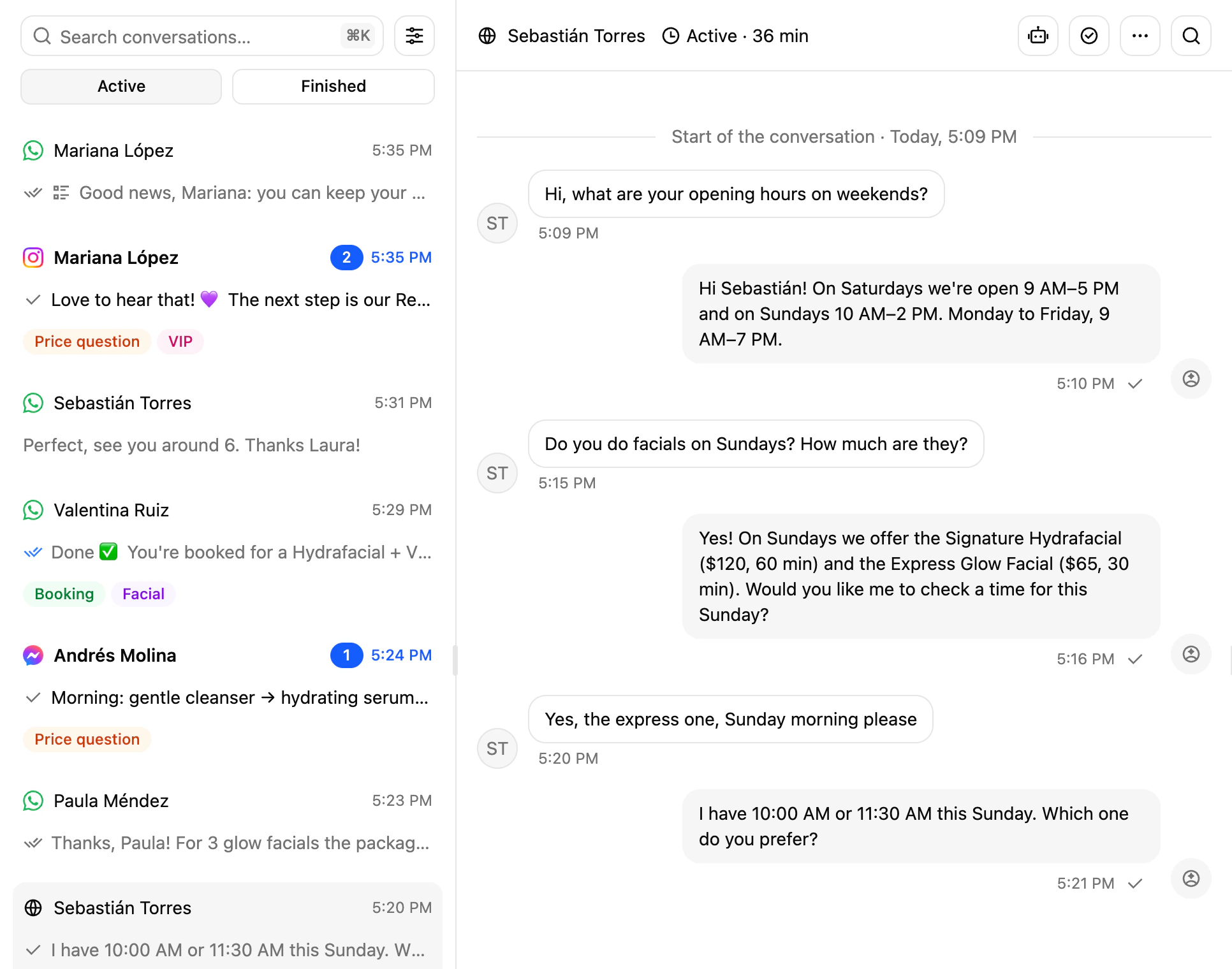 A website chat conversation in the Ciarem Inbox, marked with the website channel, answered by the AI agent