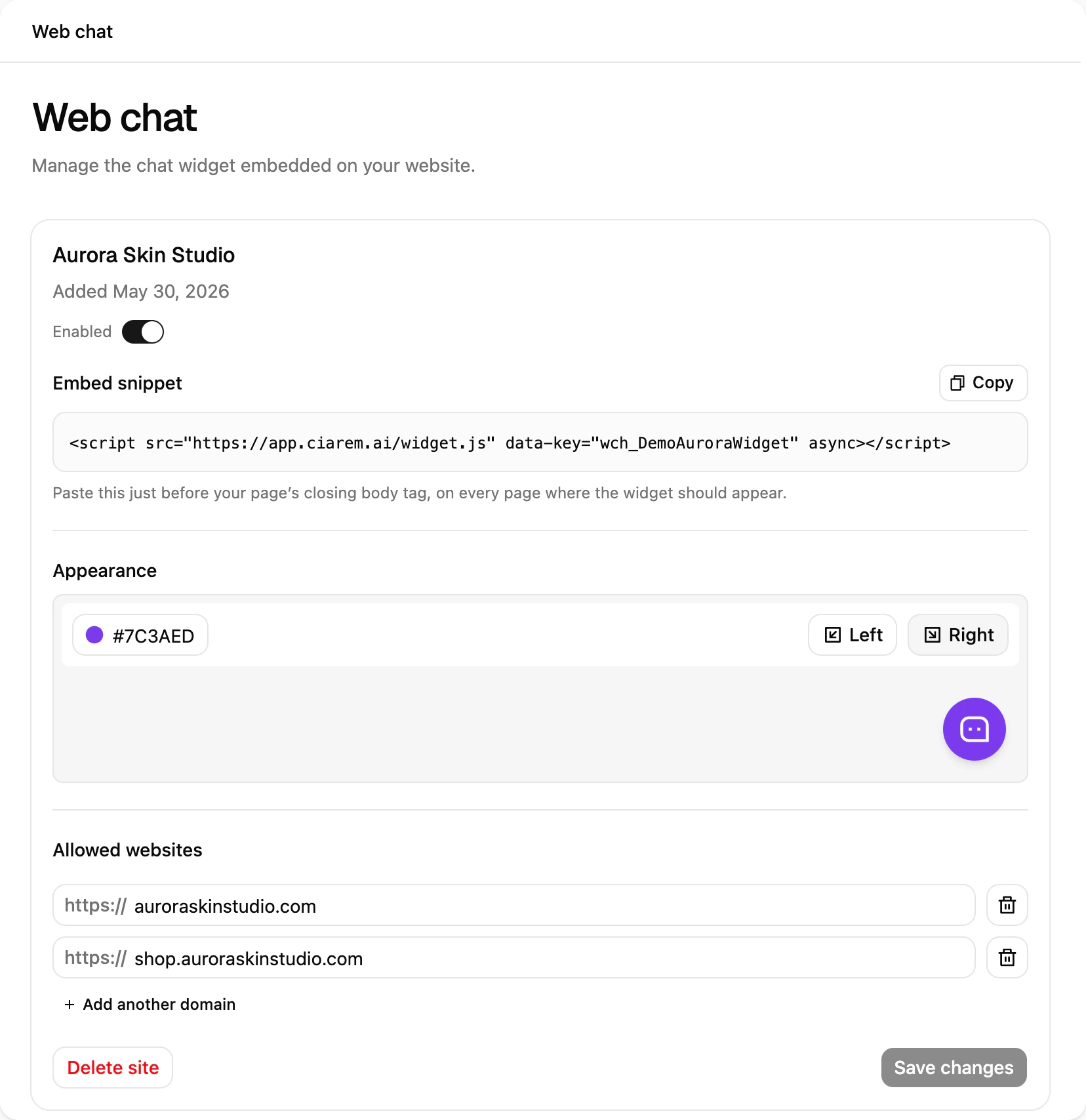 The Website chat settings in Ciarem: the embed snippet with its Copy button, bubble position, accent color and allowed websites
