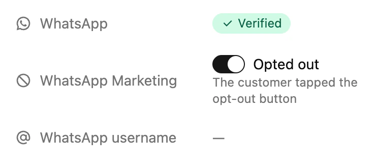 A contact in Ciarem with WhatsApp Marketing set to Opted out because the customer tapped the opt-out button