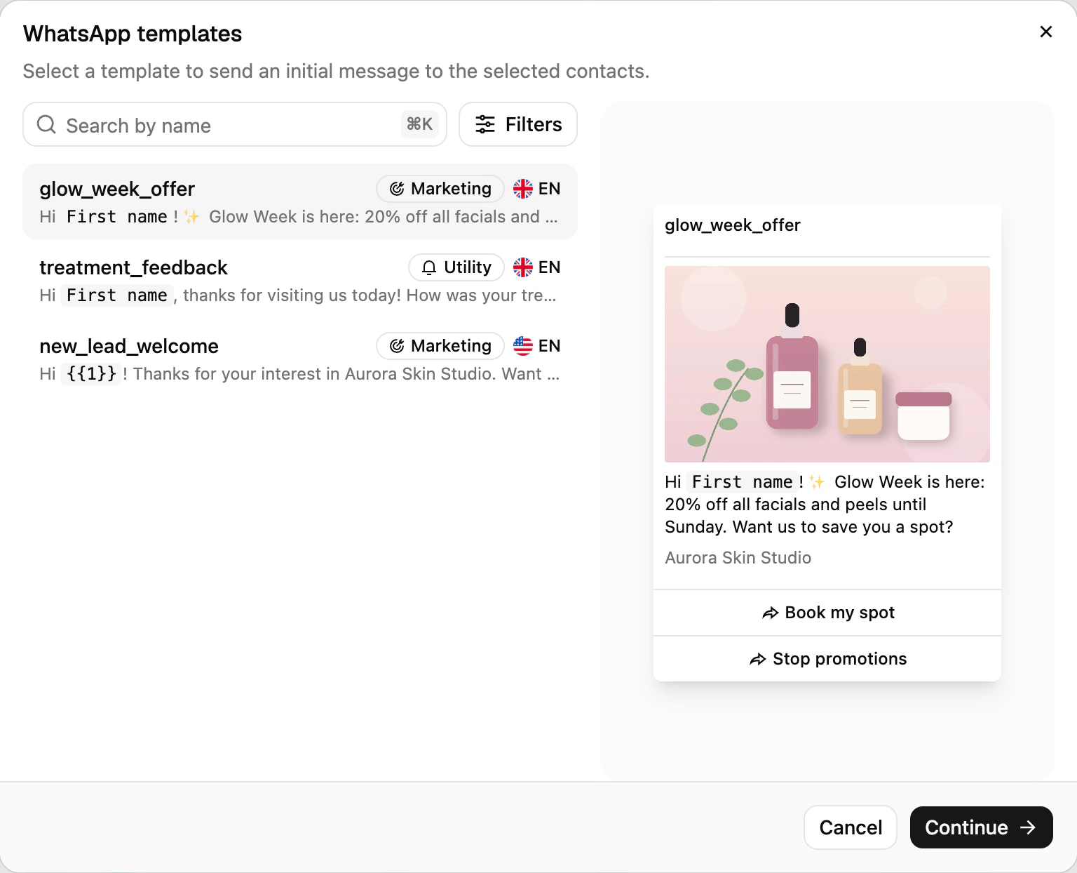 The Send WhatsApp template dialog with an approved template, its variables and a live WhatsApp preview