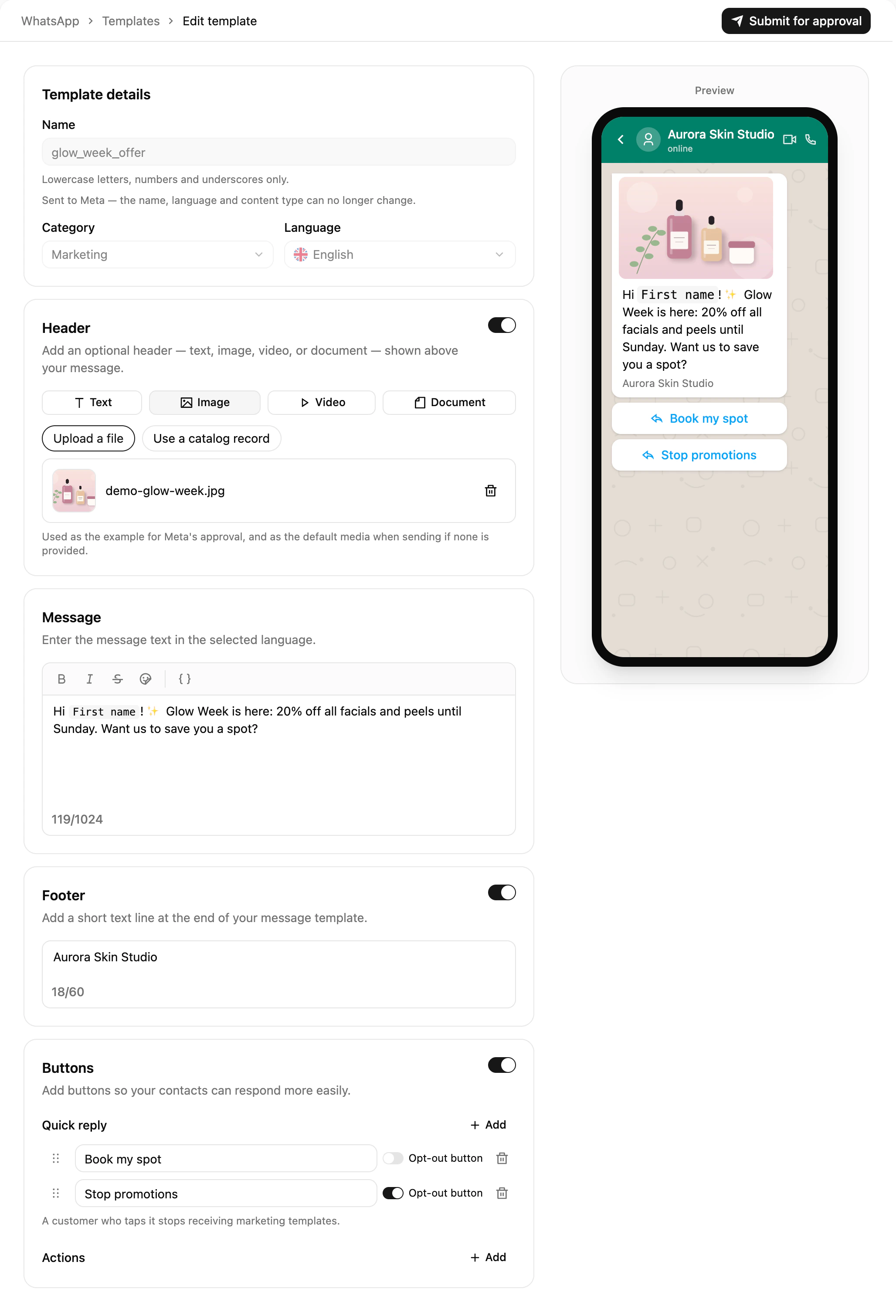 The template editor in Ciarem with the category, the message body with variables and a live WhatsApp preview with buttons