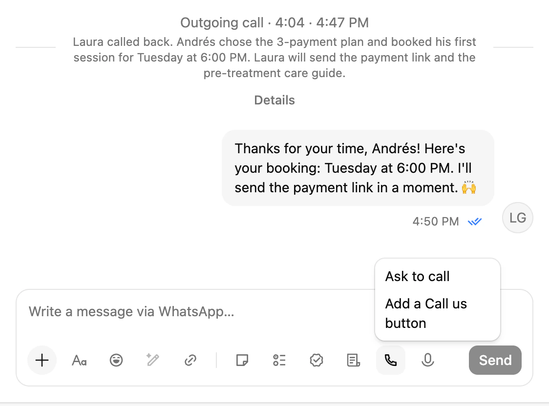 The composer's Voice calling menu with Ask to call and Add a Call us button