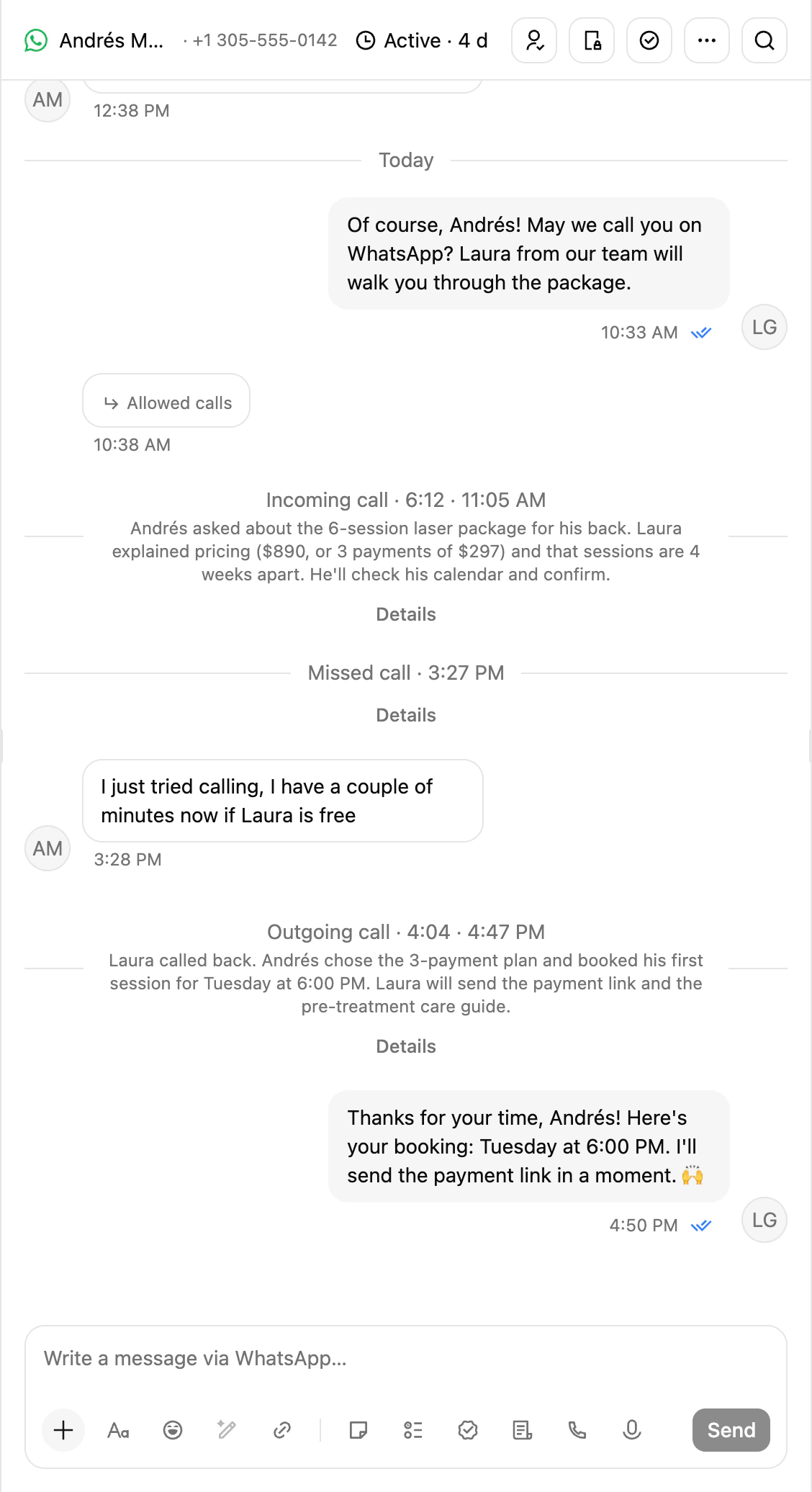 A WhatsApp conversation with incoming, missed and outgoing call cards, each with its AI summary
