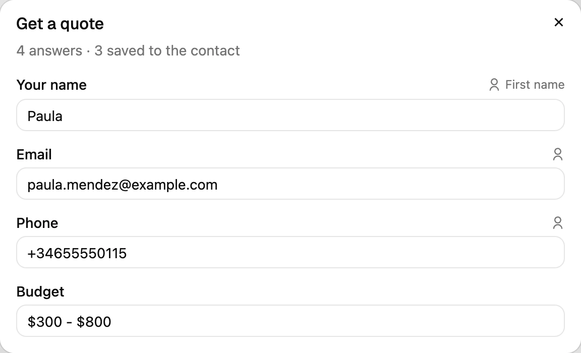 A WhatsApp conversation with a Form submitted card and its responses, marked Saved to contact